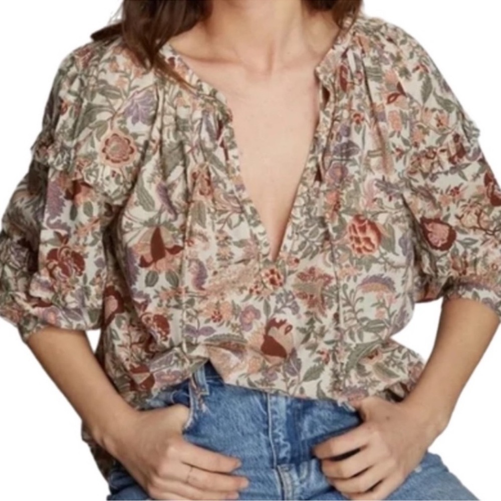 Anthropologie Cream Floral Peasant Blouse with Rust and Sage Accents
